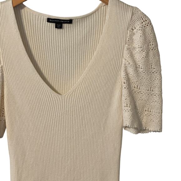 Boston Proper Ribbed Crochet Lace Sleeve V Neck White Sweater Top size Medium - Picture 2 of 7